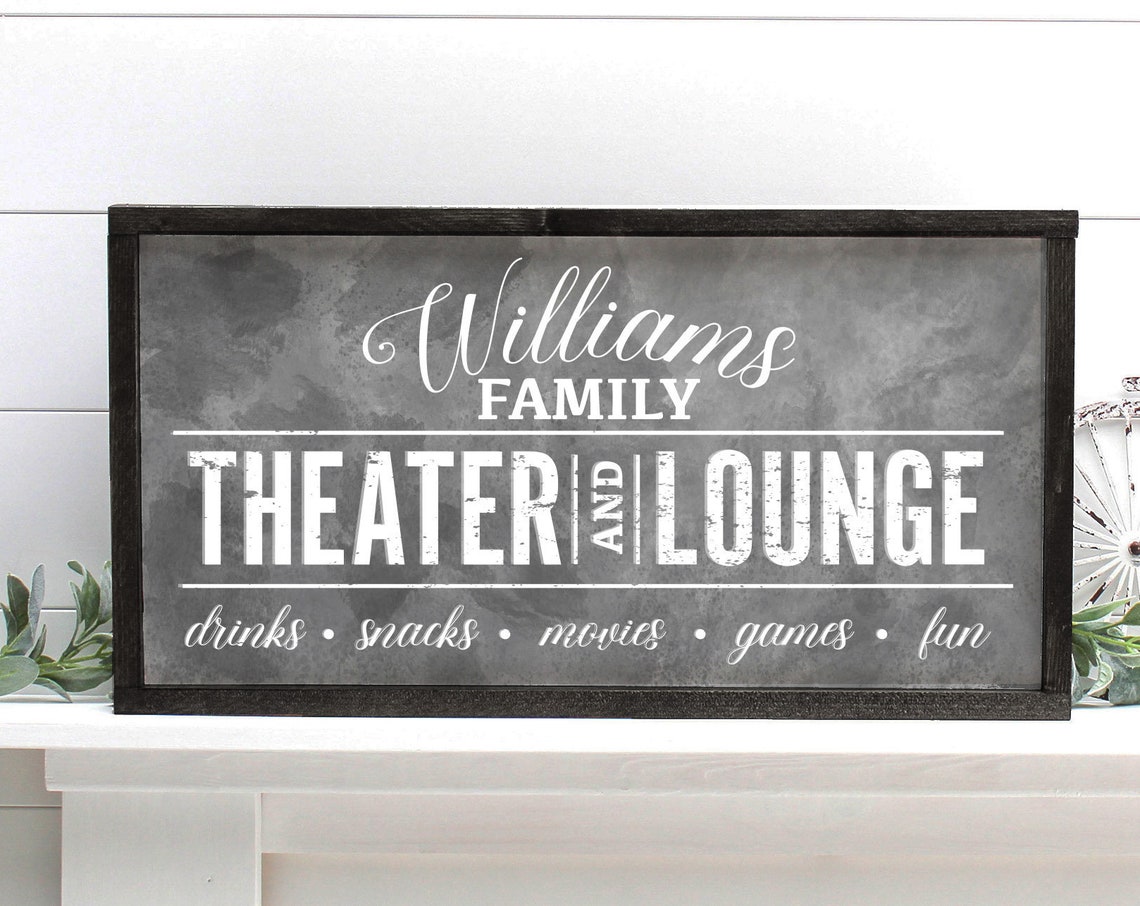 Williams Family Theater And Lounge Gray Watercolor Home Sign Poster