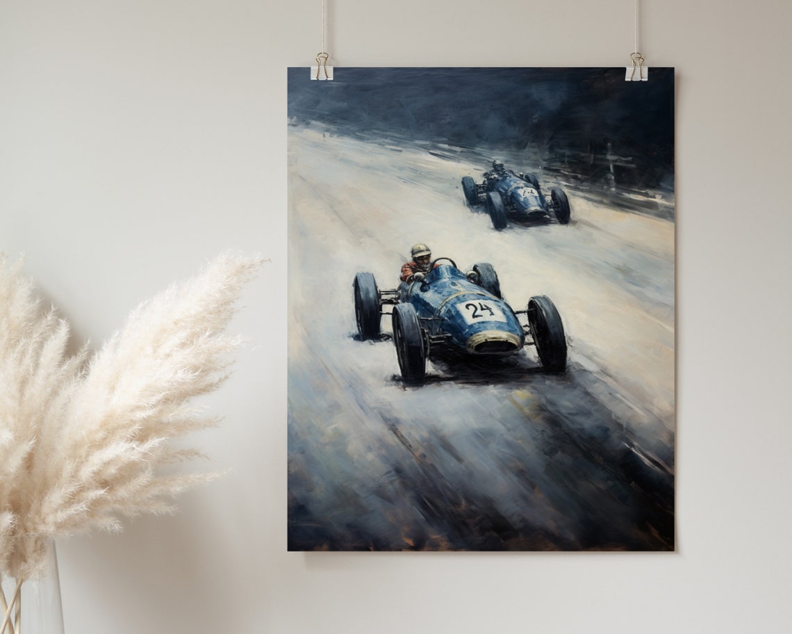 Vintage Blue Race Car Number 24 Impressionist Racing Art Poster - Image 2