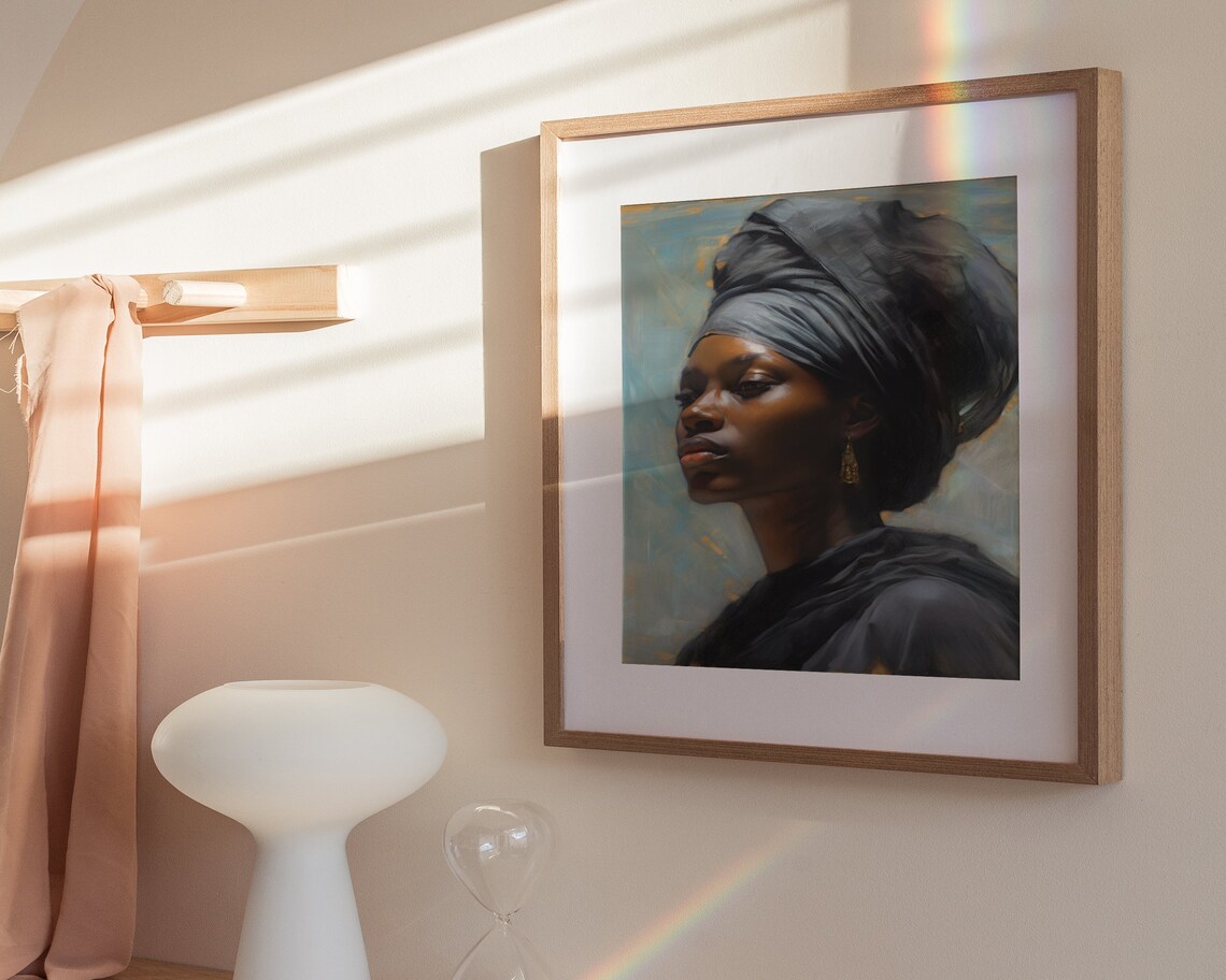 Black Woman in Headwrap Portrait Soft Oil Painting Art Poster - Image 3