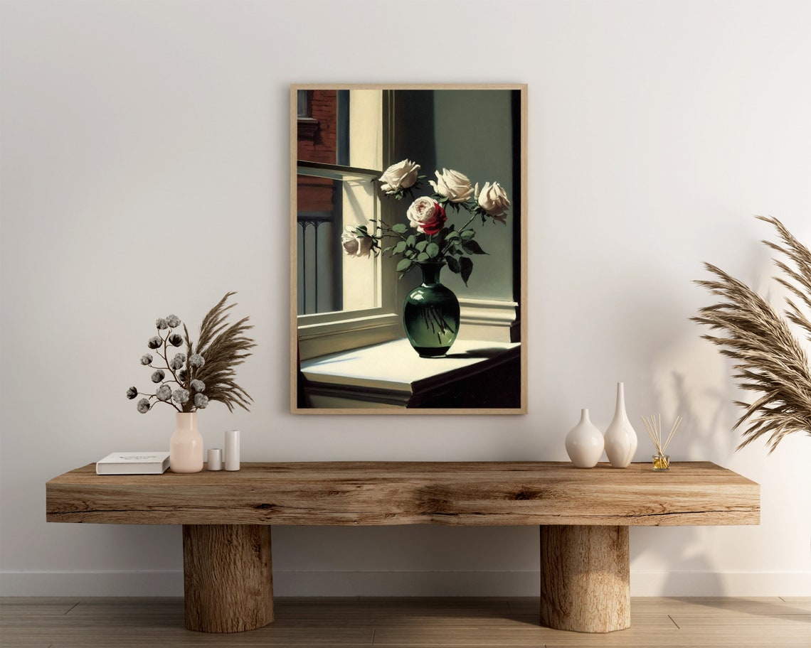 Red And White Roses In Green Vase On Sunlit Windowsill Poster - Image 3