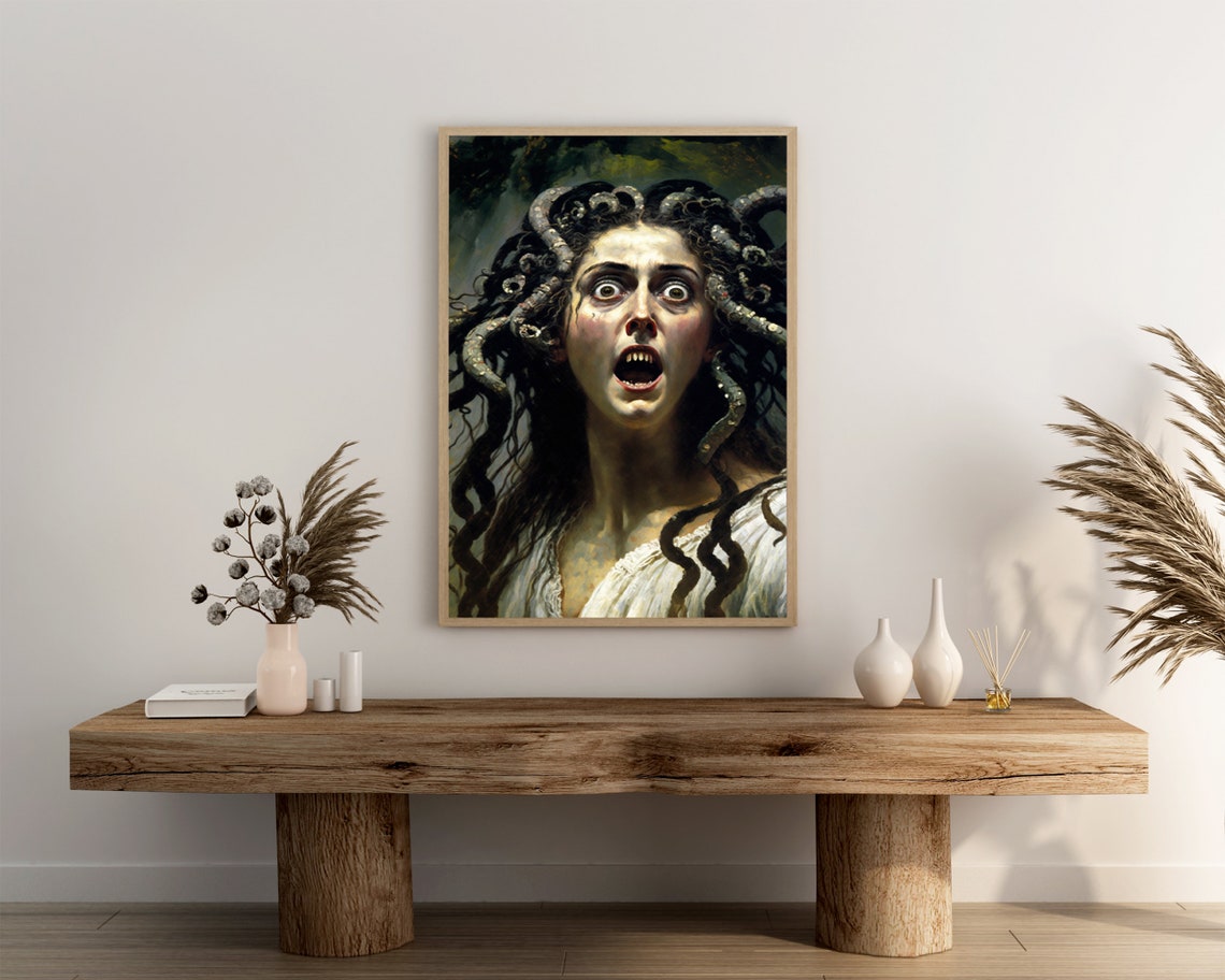 Screaming Medusa With Wide Eyes Dramatic Horror Myth Art Poster - Image 3