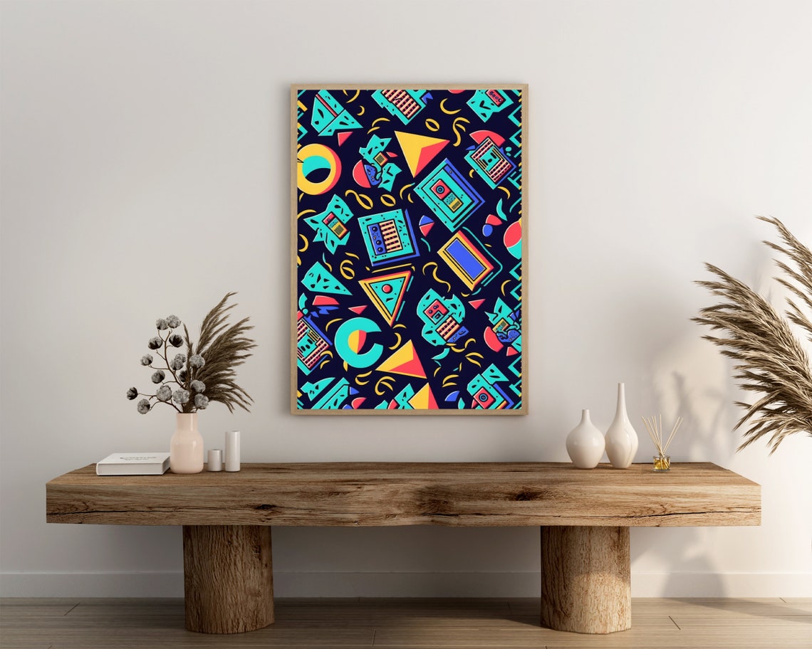 Retro Game Tech Collage Poster Cassette Tapes on Dark Navy Design - Image 3