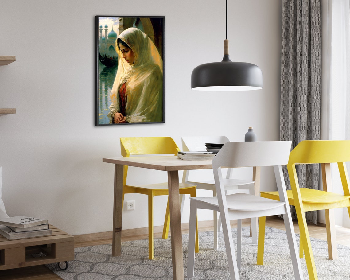 Woman in White Veil Poster by the Water with Mosque Domes Oil Artwork - Image 2