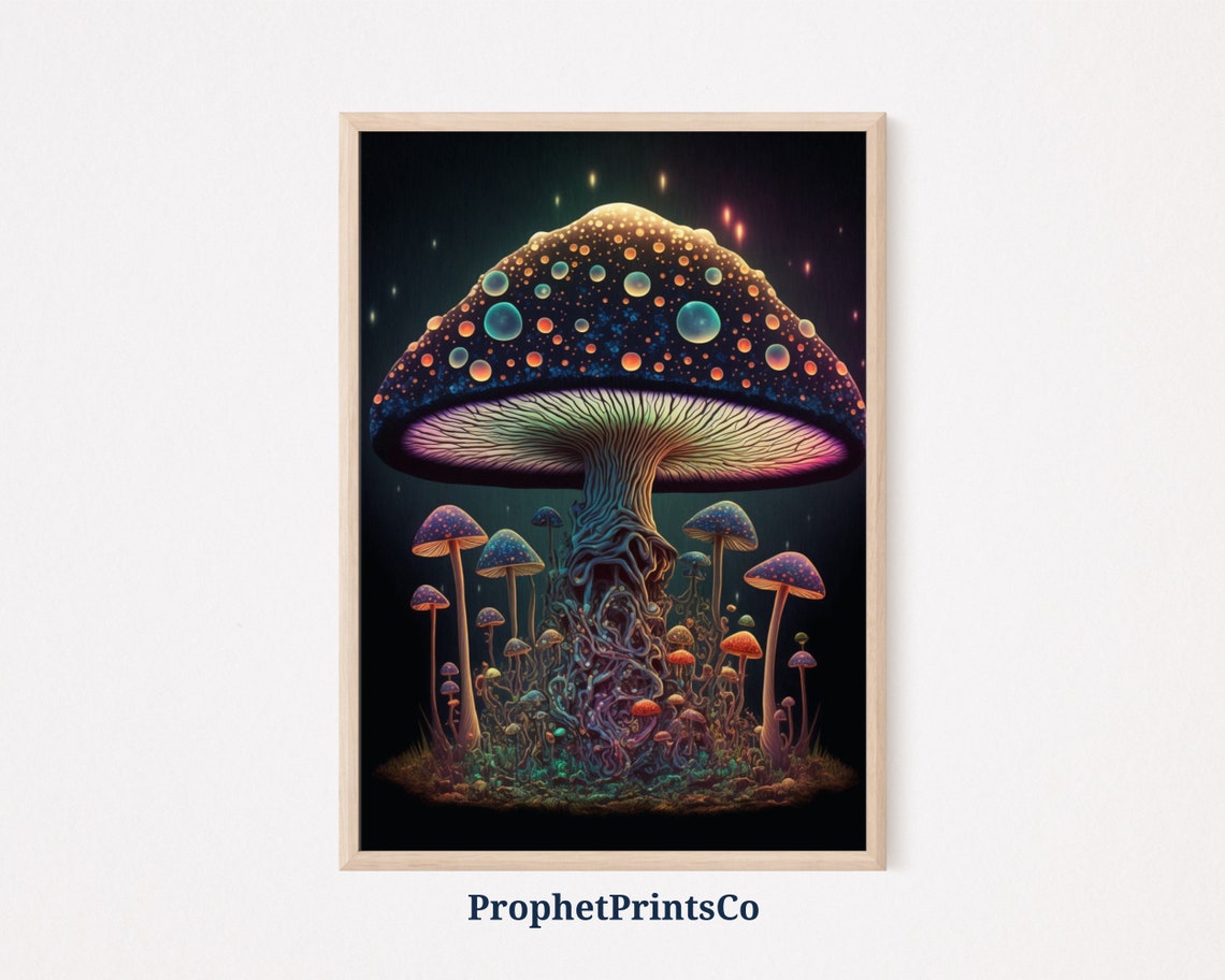 Starry Night Mushroom With Glowing Spots Twisted Stem Fantasy Poster