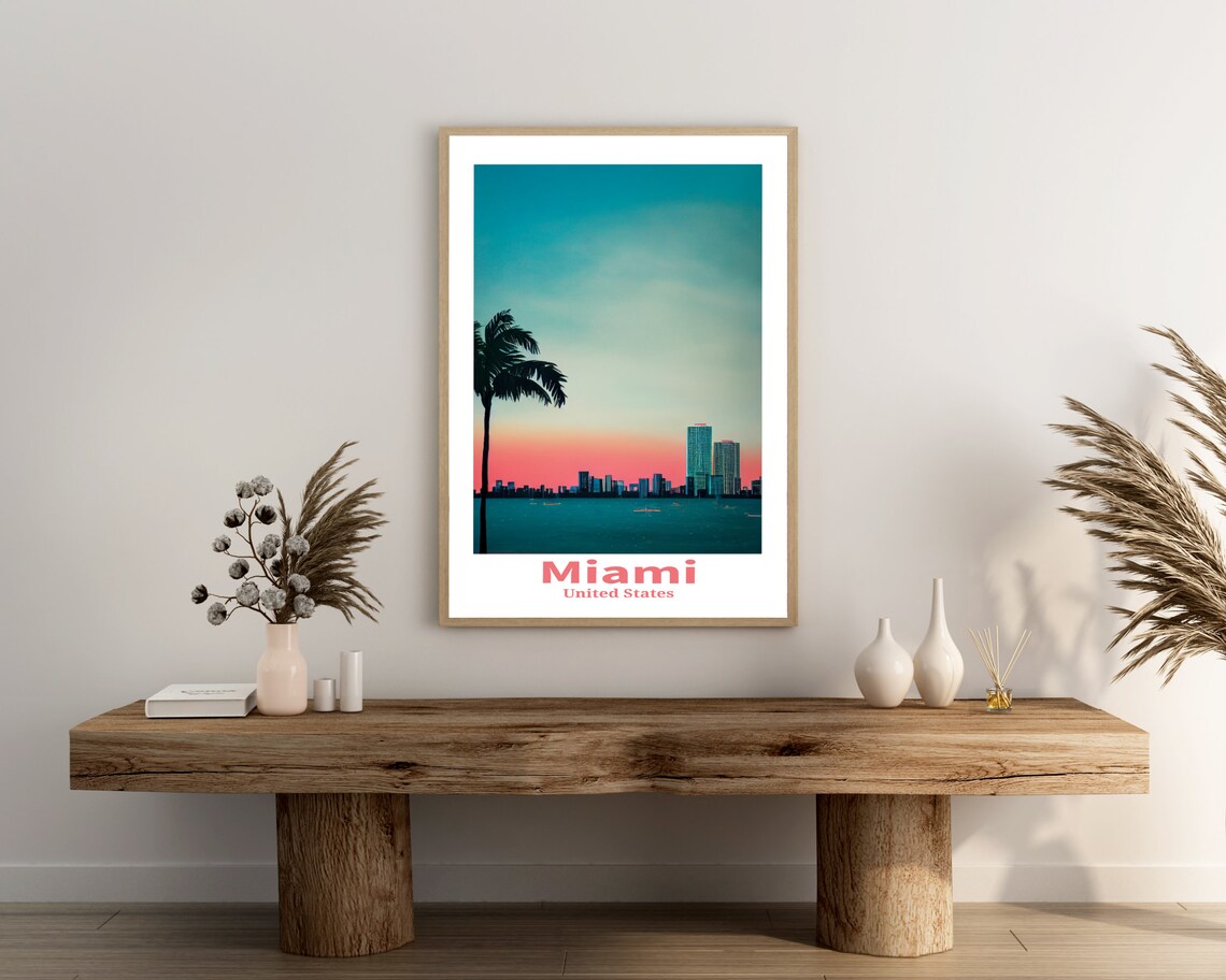 Miami United States Palm Tree Sunset Skyline Ocean Travel Art Poster - Image 3