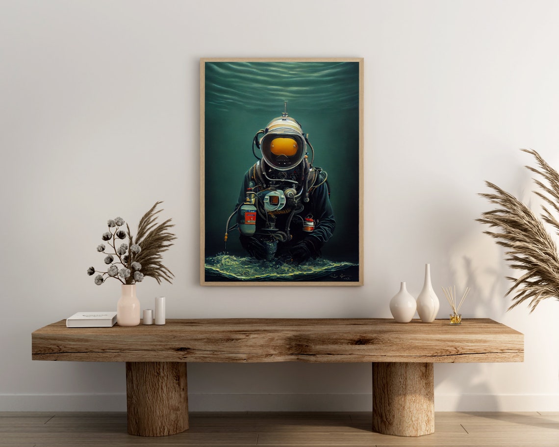 Vintage Deep Sea Diver Helmet Underwater Dark Ocean Oil Art Poster - Image 3