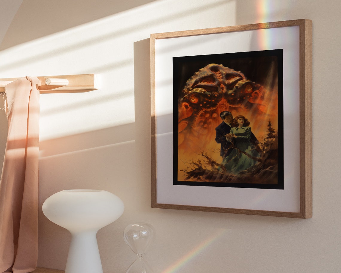 Retro Horror Movie Couple Fleeing Giant Fire Monster Art Poster - Image 3