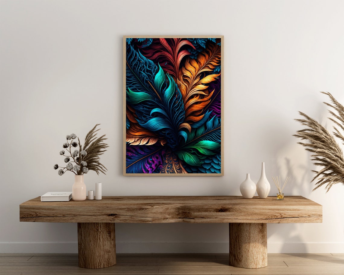Colorful Feather Plumes on Dark Background Vibrant Art Poster - Image 3