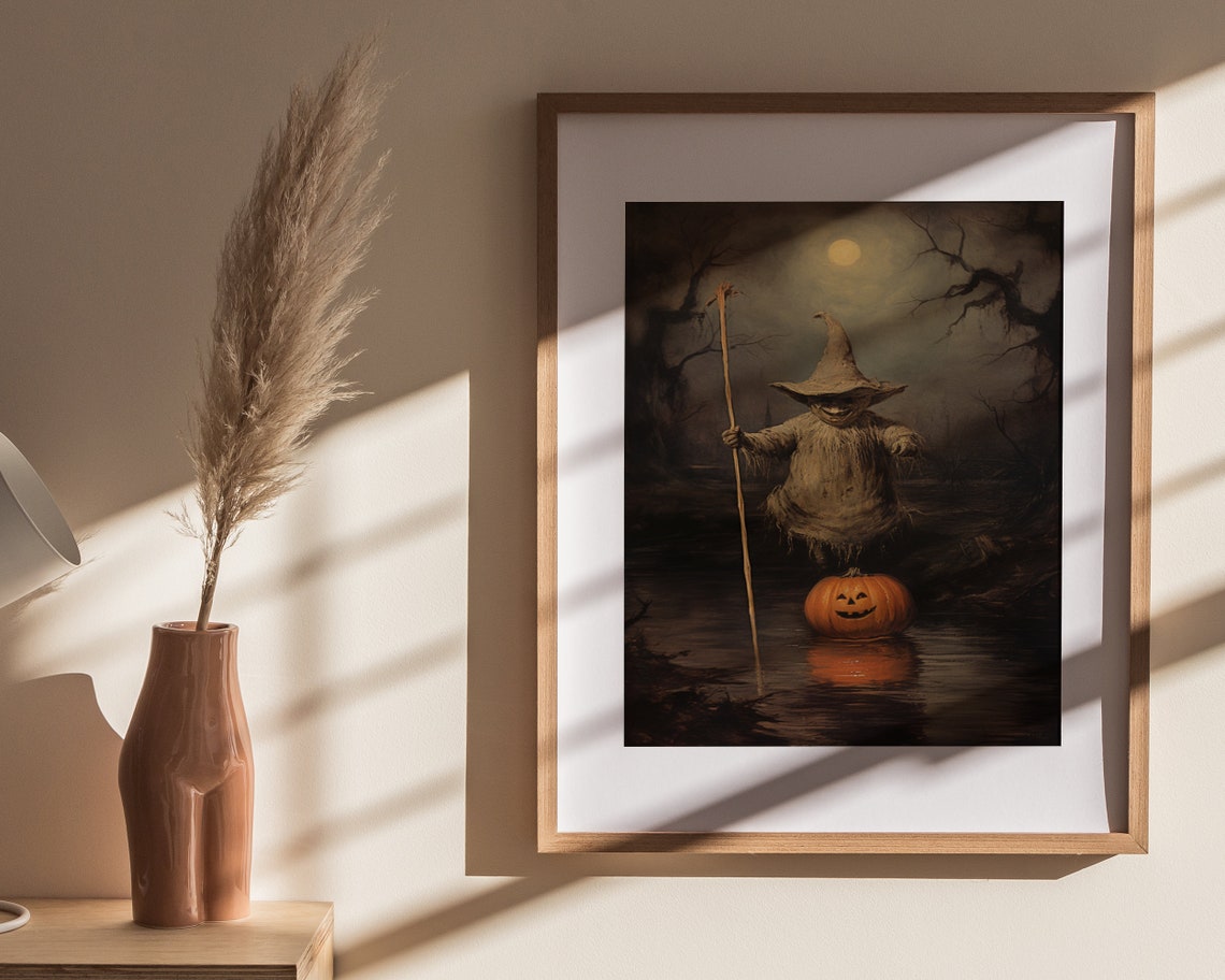 Spooky Witch Figure On Pumpkin Moonlit Swamp Halloween Poster - Image 4