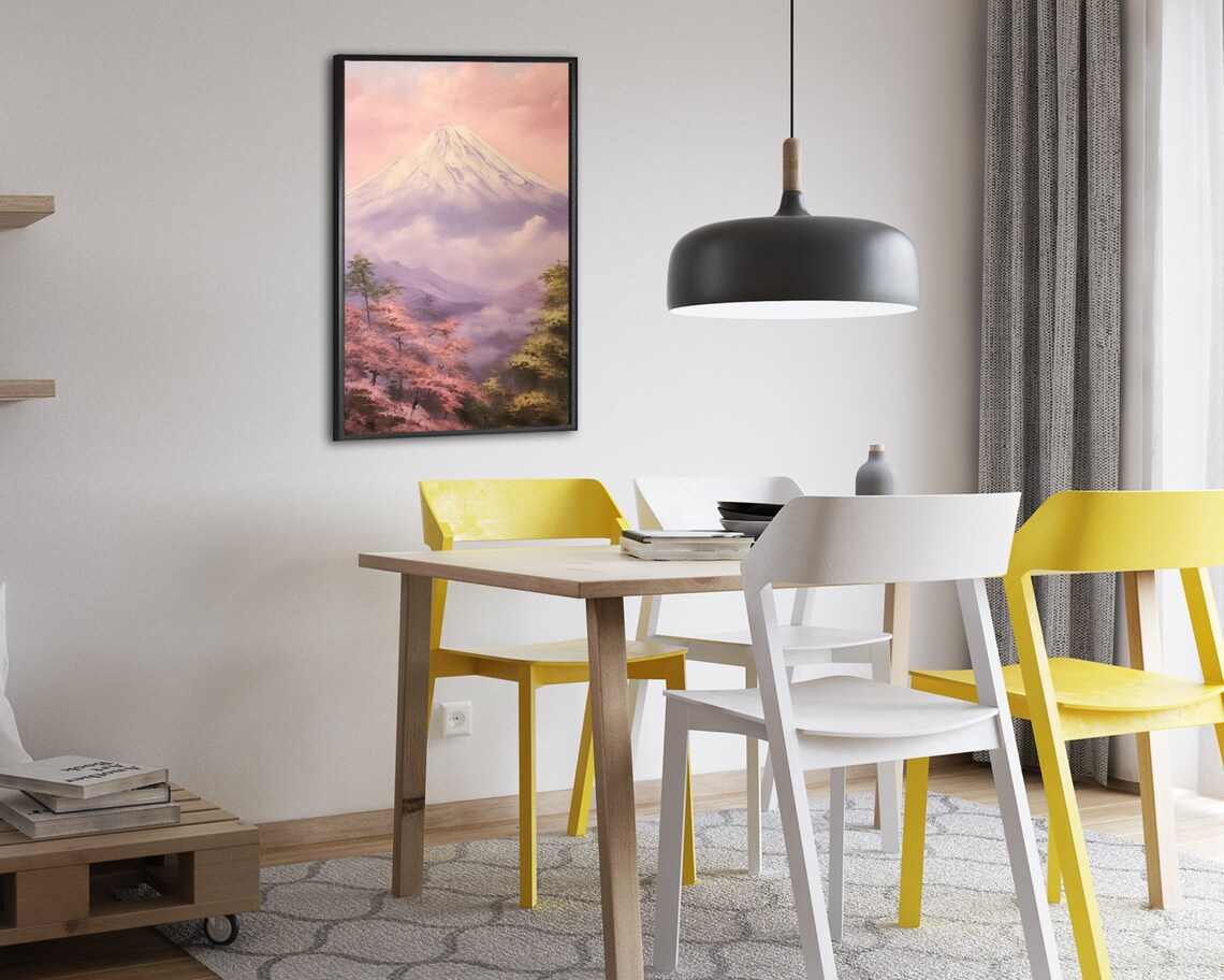 Mount Fuji Above Clouds Oil Painting Pink Blossom Dreamy Sky Poster - Image 2