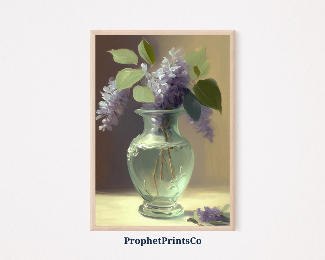 Purple Lilacs in a Green Glass Vase Sunlit Still Life Poster