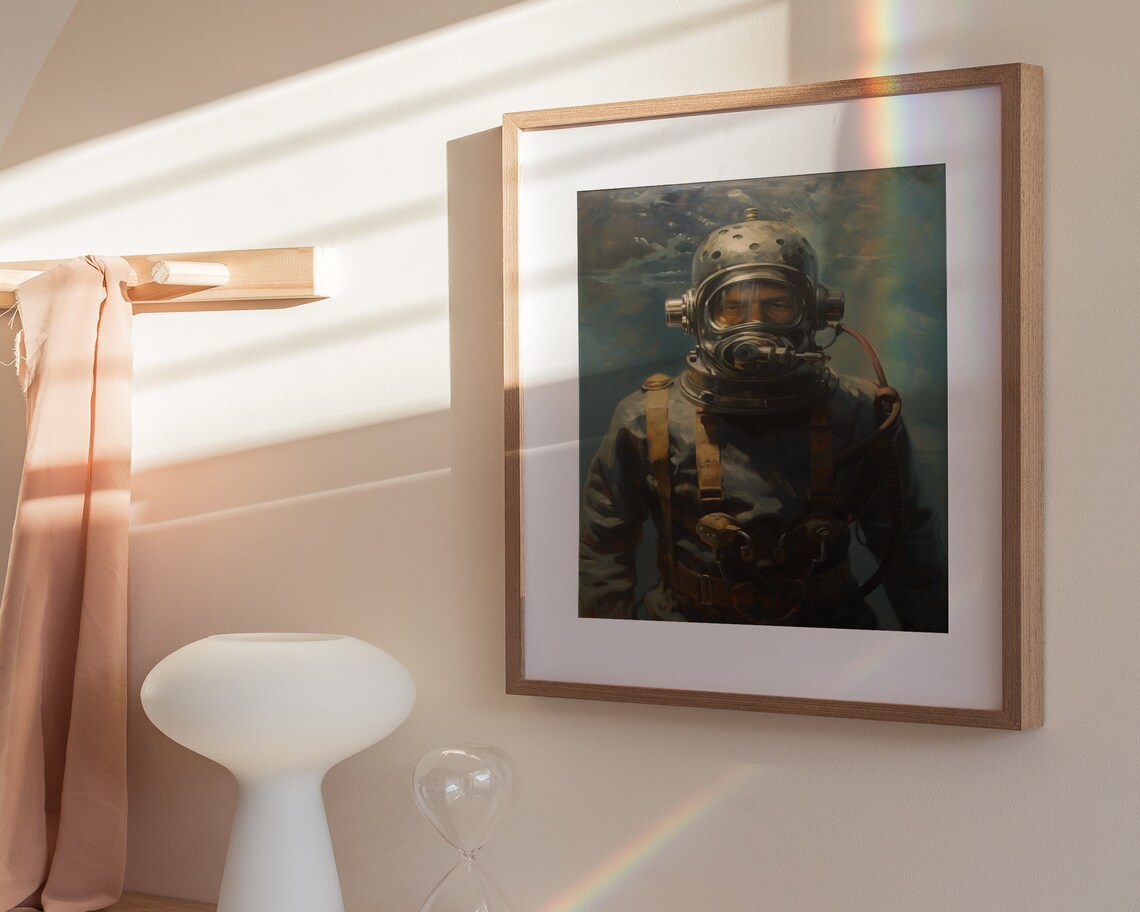 Antique Deep Sea Diver Copper Helmet Portrait Painting Poster - Image 3