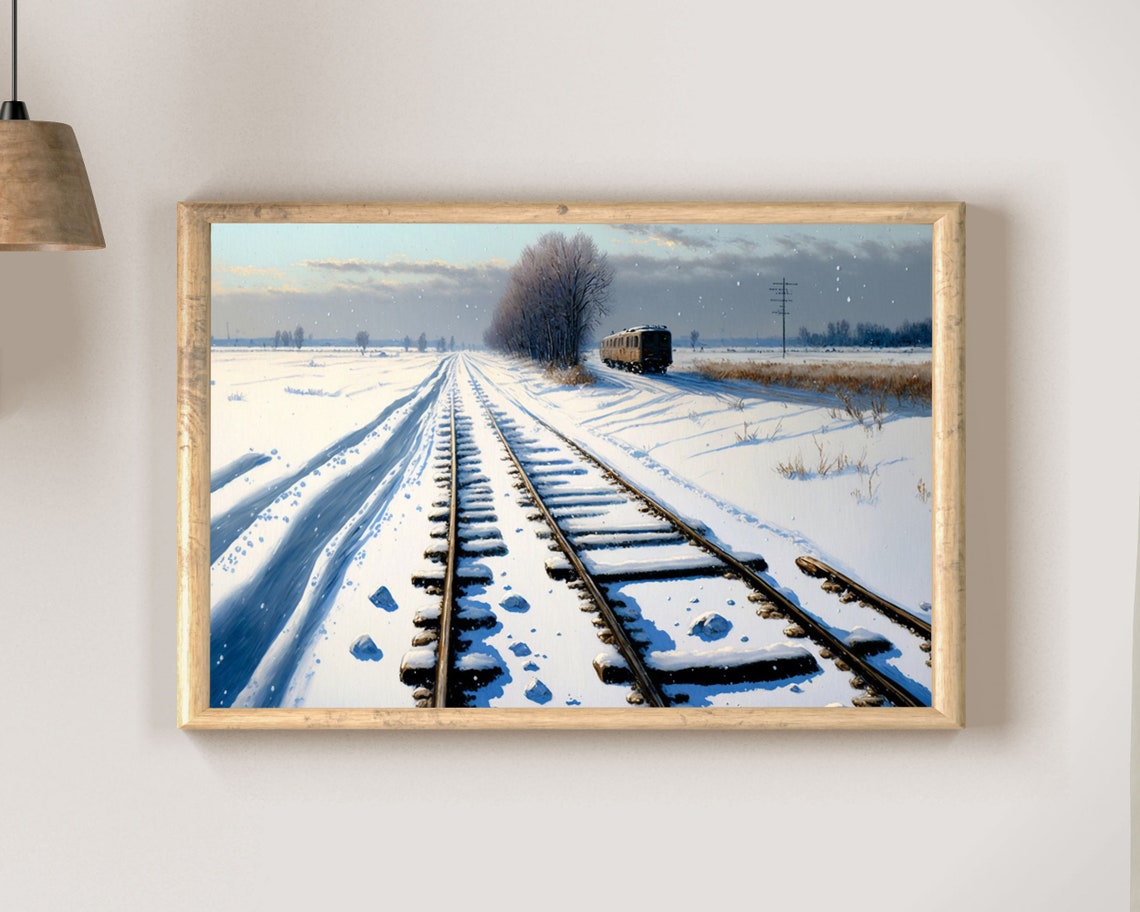 Steam Train Beside Snowy Tracks Falling Snow Winter Art Poster - Image 2