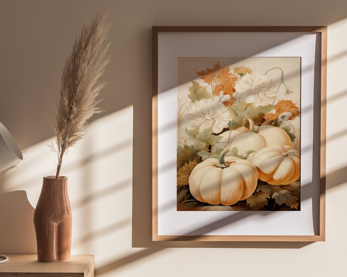 White Pumpkins With Autumn Flowers Muted Fall Harvest Poster - Image 4