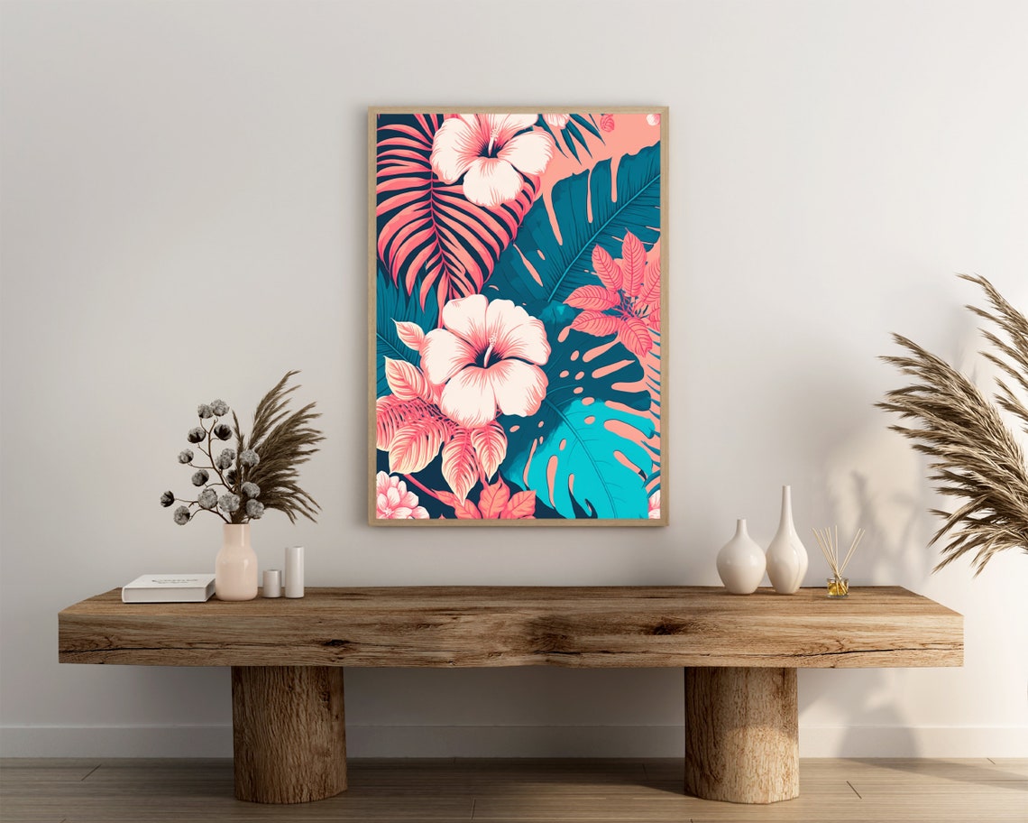 Pink Hibiscus Tropical Bloom Navy Blue Monstera Palm Leaf Poster - Image 3