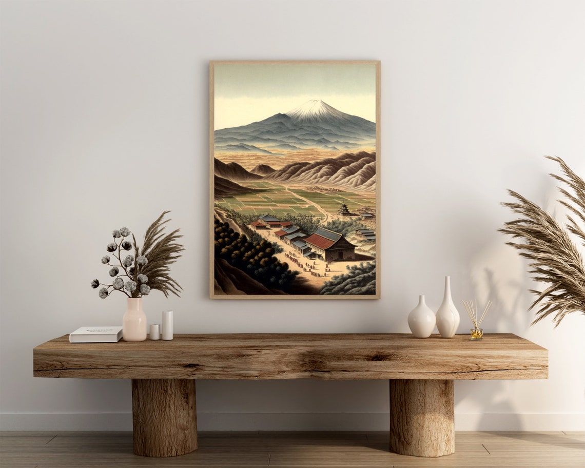 Majestic Mount Fuji Over Japanese Village and Rice Fields Poster - Image 3
