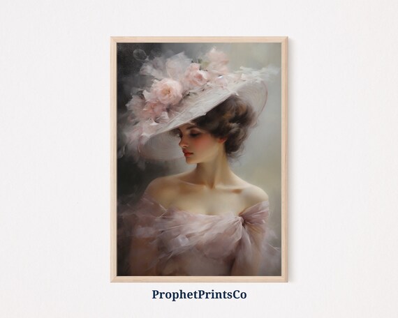 Elegant Lady Wide Brim Rose Hat Off Shoulder Vintage Portrait Poster