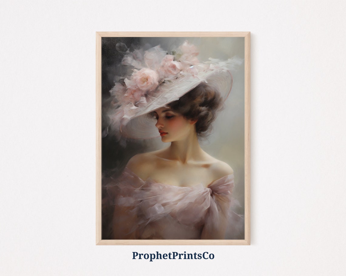 Elegant Lady Wide Brim Rose Hat Off Shoulder Vintage Portrait Poster