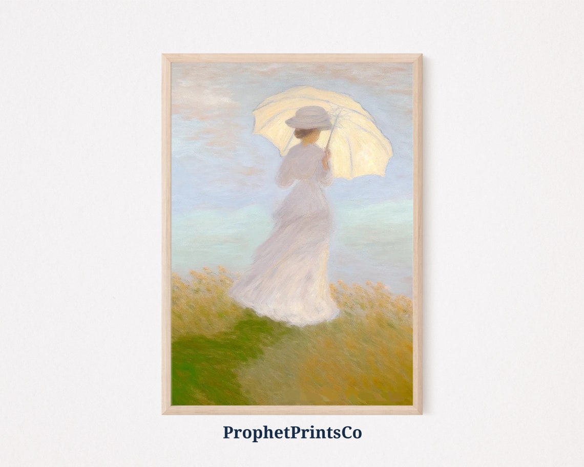 Woman in Flowing White Dress With Parasol in a Sunny Meadow Poster