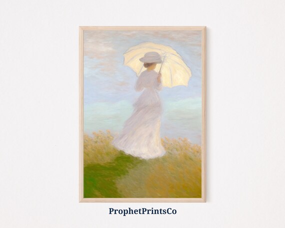 Woman in Flowing White Dress With Parasol in a Sunny Meadow Poster