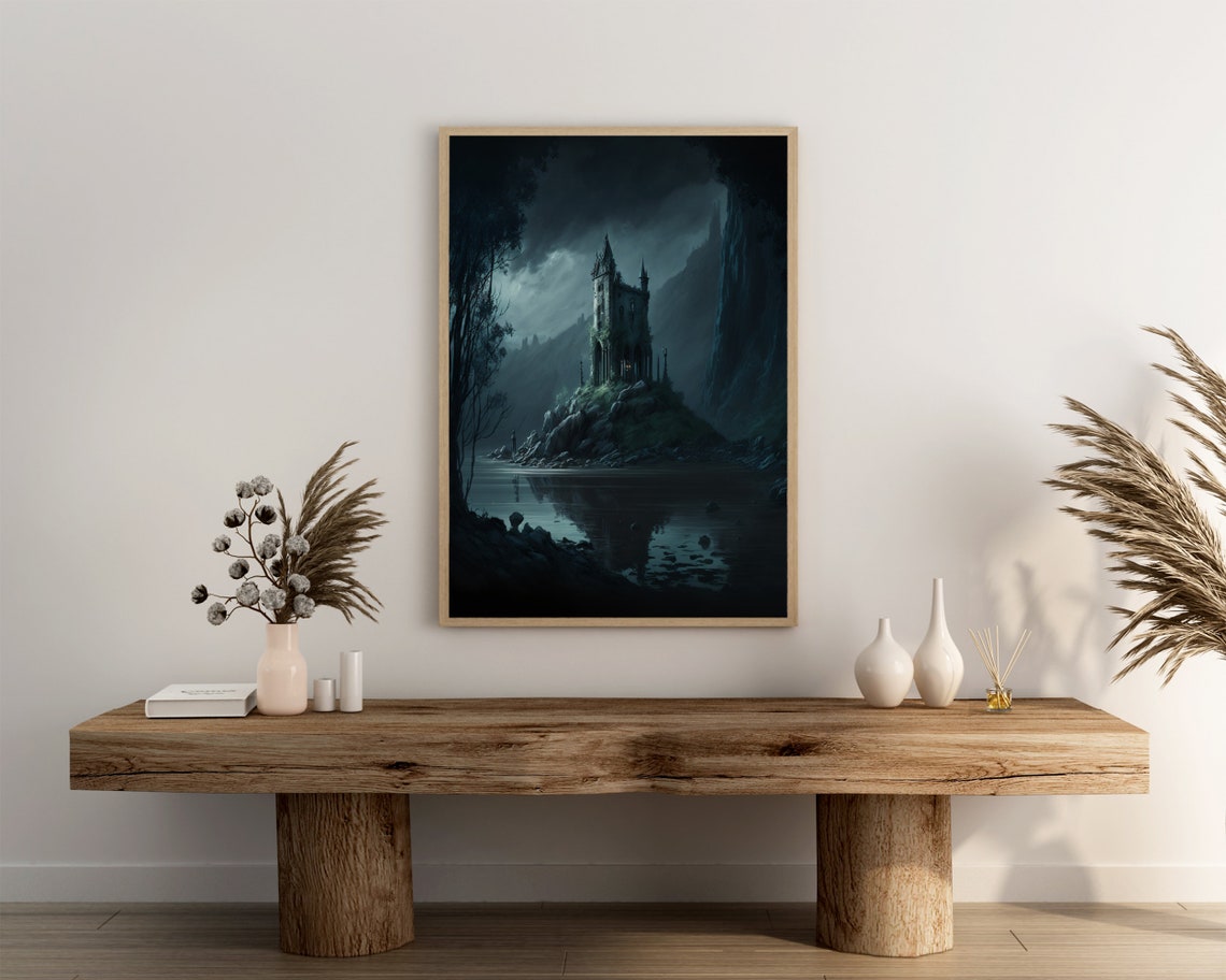Ancient Castle Tower Ruins Misty Lake Island Night Art Poster - Image 3