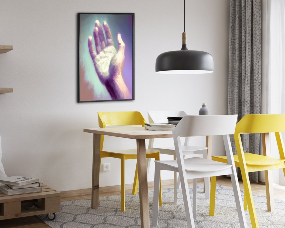 Hand Reaching Up in Soft Gentle Lavender Light Oil Painting Poster - Image 2