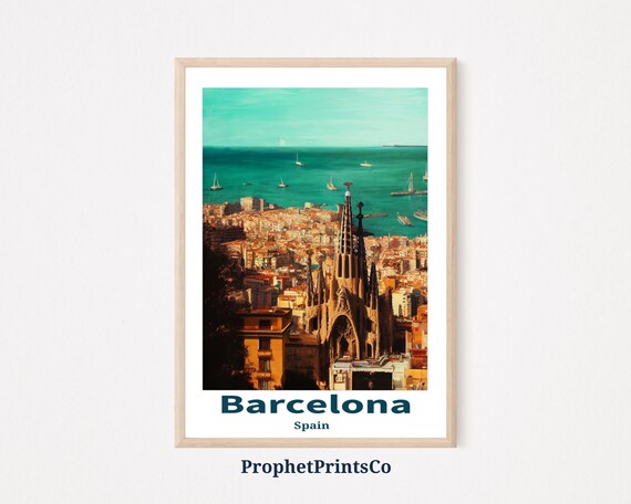 Barcelona Spain Aerial Sagrada Familia City and Sea View Travel Poster