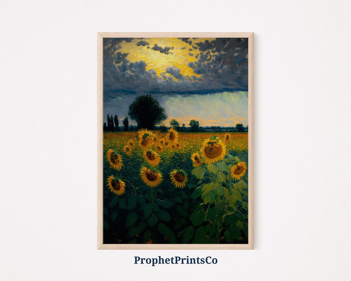 Sunflower Field Glowing at Sunset Under Dramatic Golden Clouds Poster
