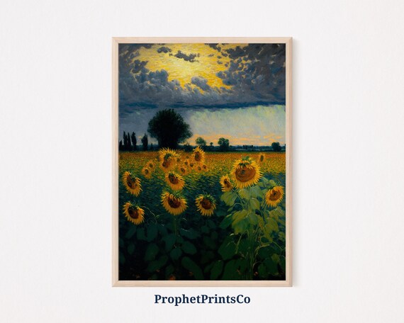 Sunflower Field Glowing at Sunset Under Dramatic Golden Clouds Poster
