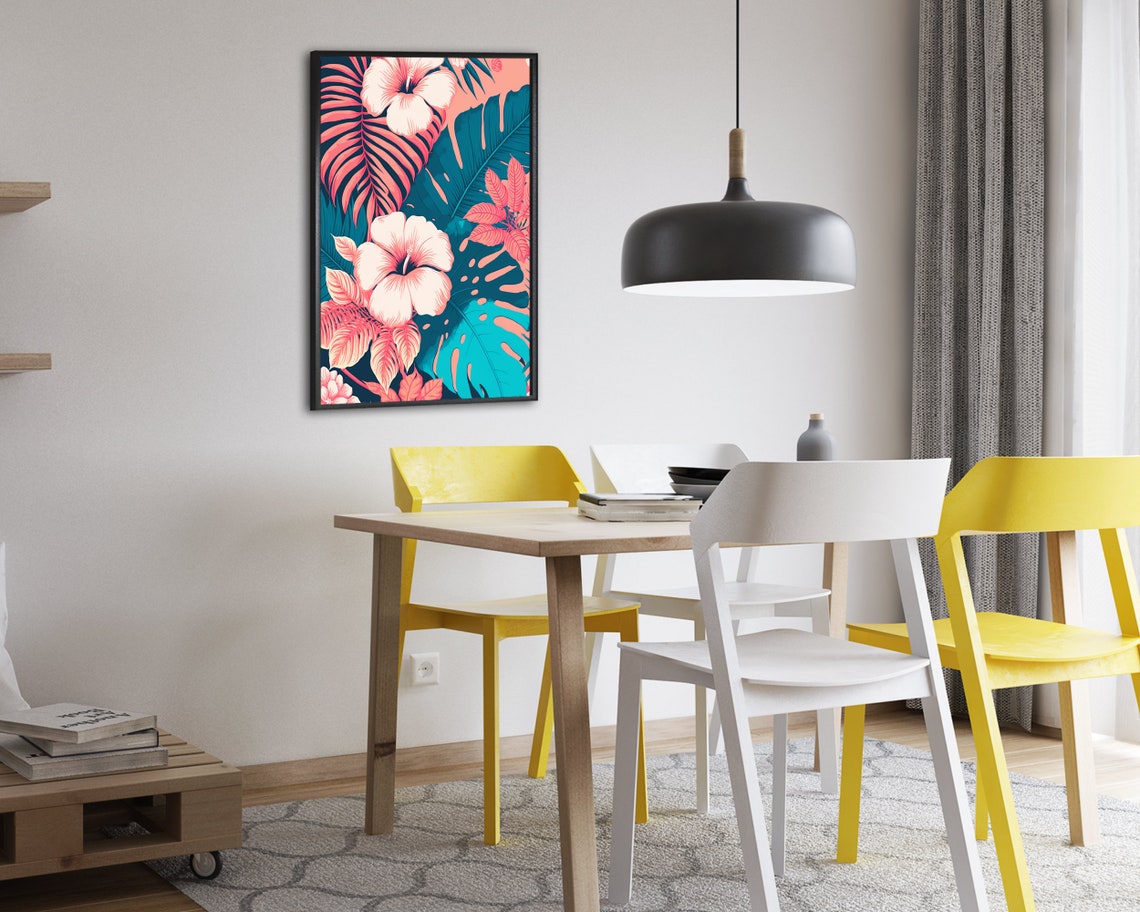 Pink Hibiscus Tropical Bloom Navy Blue Monstera Palm Leaf Poster - Image 2
