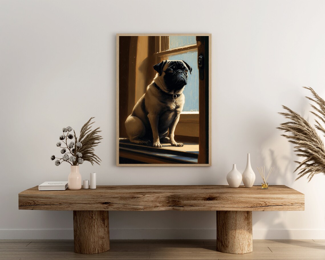 Pug Dog Sitting On Windowsill Looking Out Window Oil Painting Poster - Image 3
