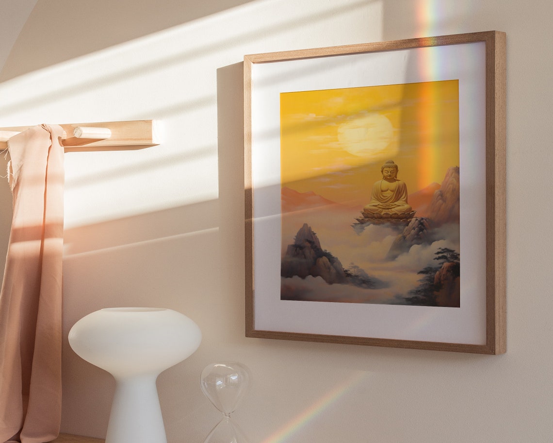 Golden Buddha Meditating Above Clouds Sunset Painting Poster - Image 3
