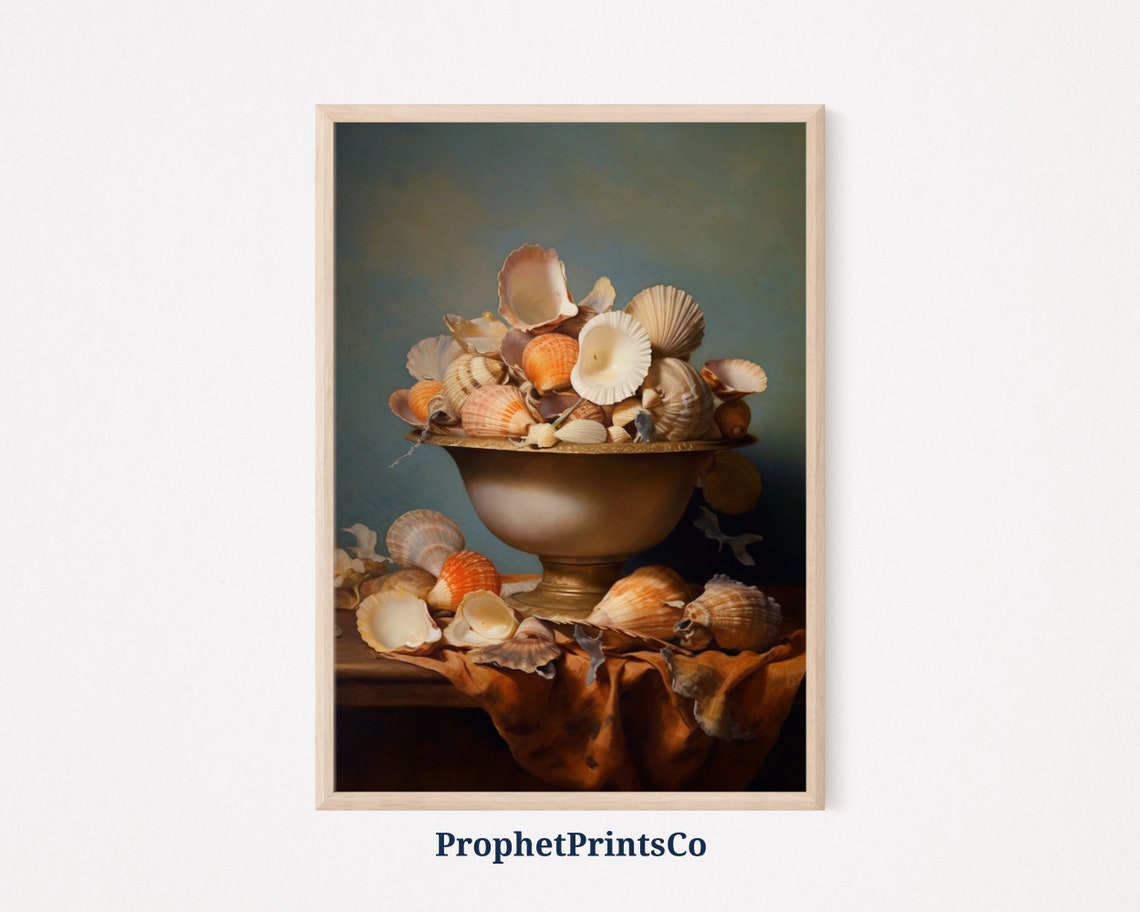 Golden Bowl of Seashells Rust Cloth Warm Still Life Art Poster