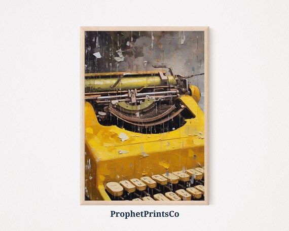 Vintage Yellow Typewriter Rain Drip Textured Oil Painting Poster
