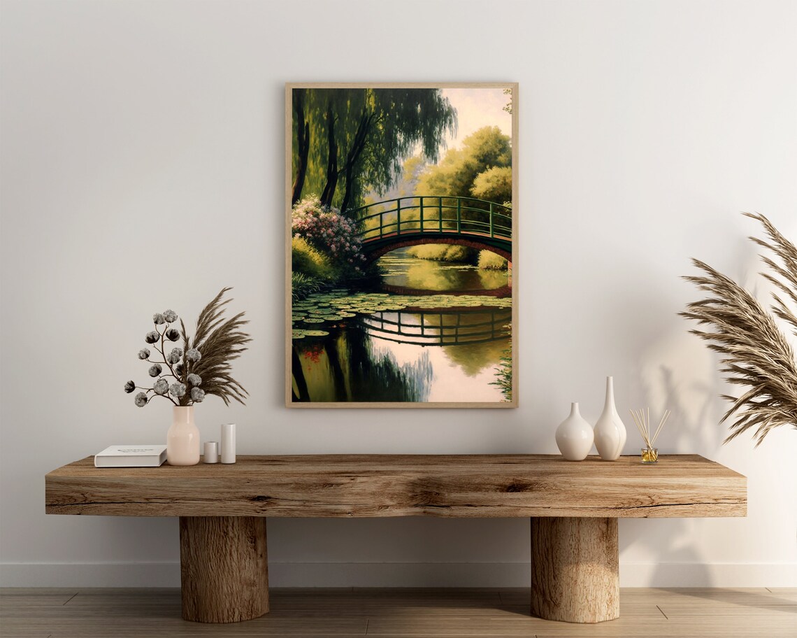Monet Inspired Footbridge With Willows Over a Flowering Lily Pond Poster - Image 3