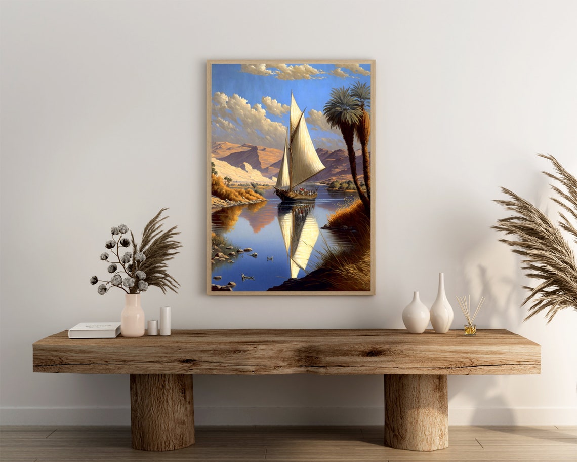 Felucca Sailboat On The Nile With Palms And Golden Hills Poster - Image 3