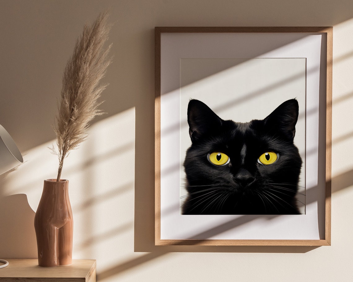 Black Cat With Yellow Eyes Staring Minimalist Cream Background Poster - Image 4