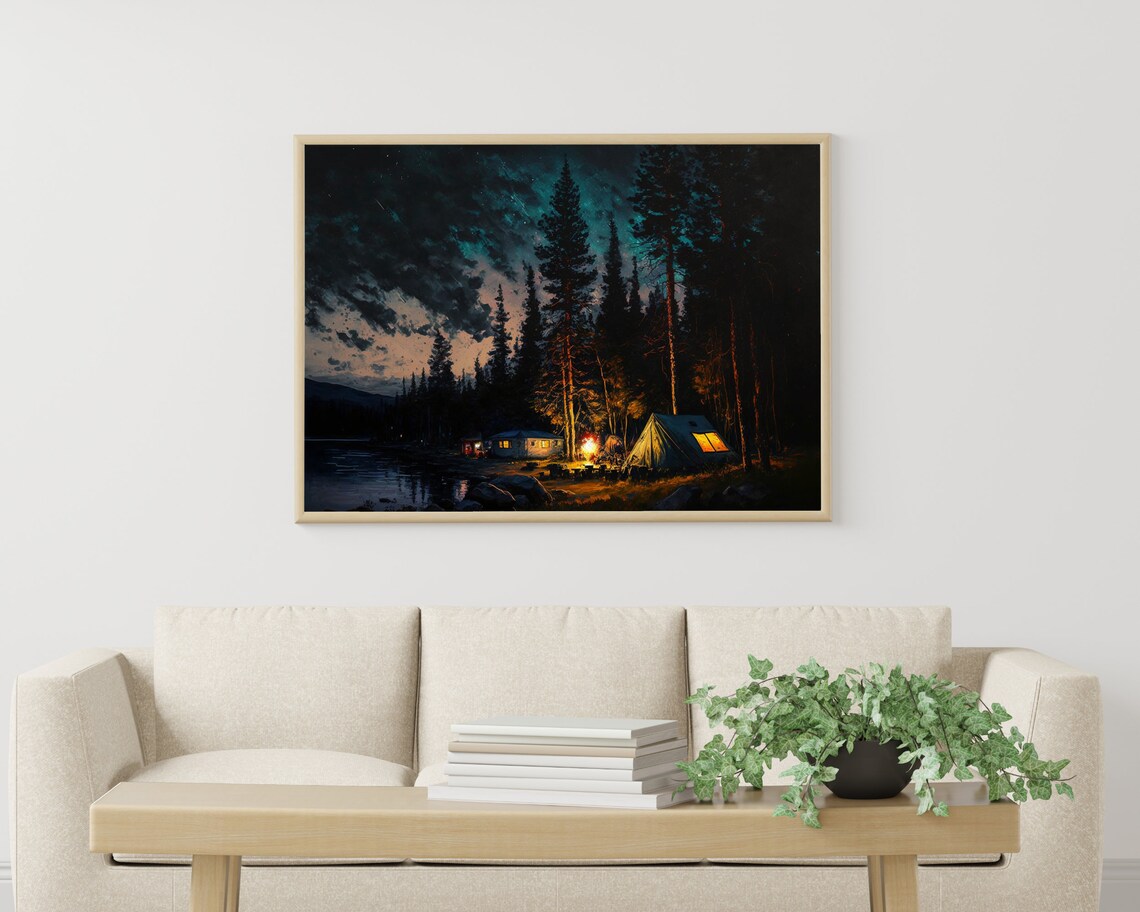 Night Beach Camping With Tents Campfire and Starry Sky Painting Art Poster - Image 3