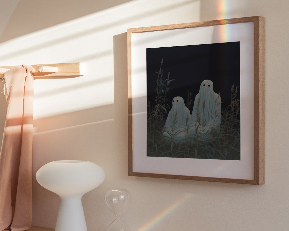 Cute Ghost Couple In Dark Grassy Meadow Night Halloween Art Poster - Image 3