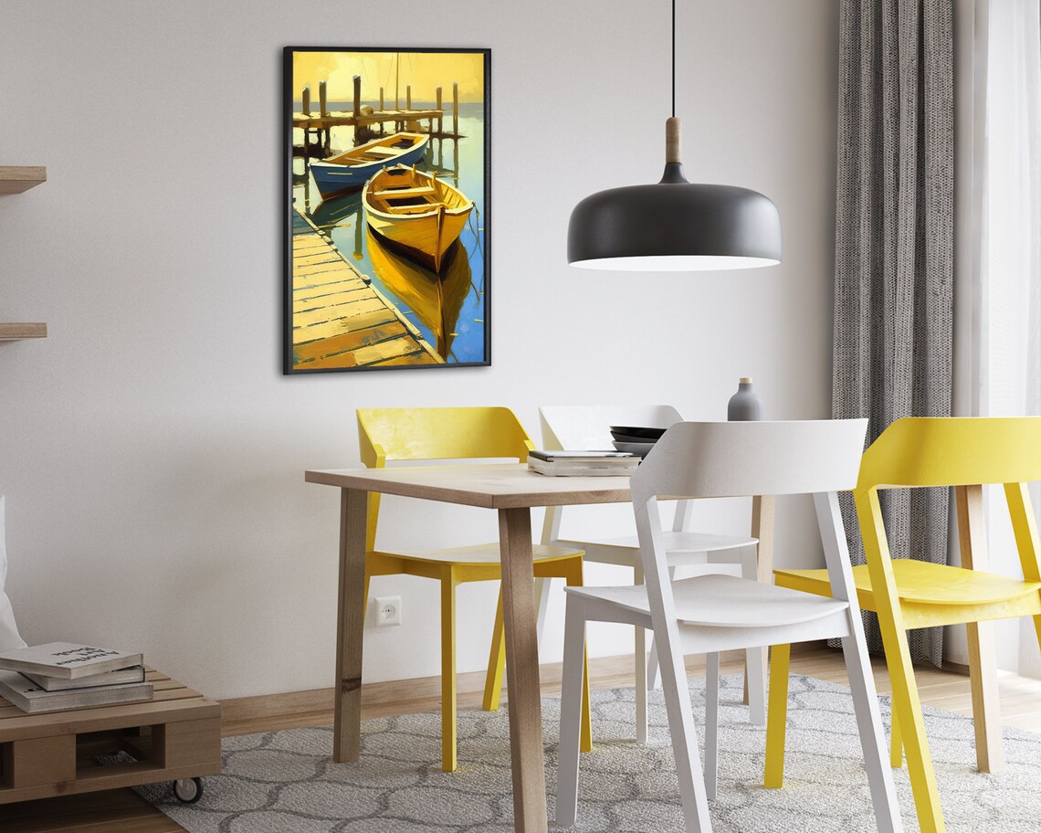 Colorful Rowboats At Sunlit Pier Impressionist Harbor Boats Wall Poster - Image 2