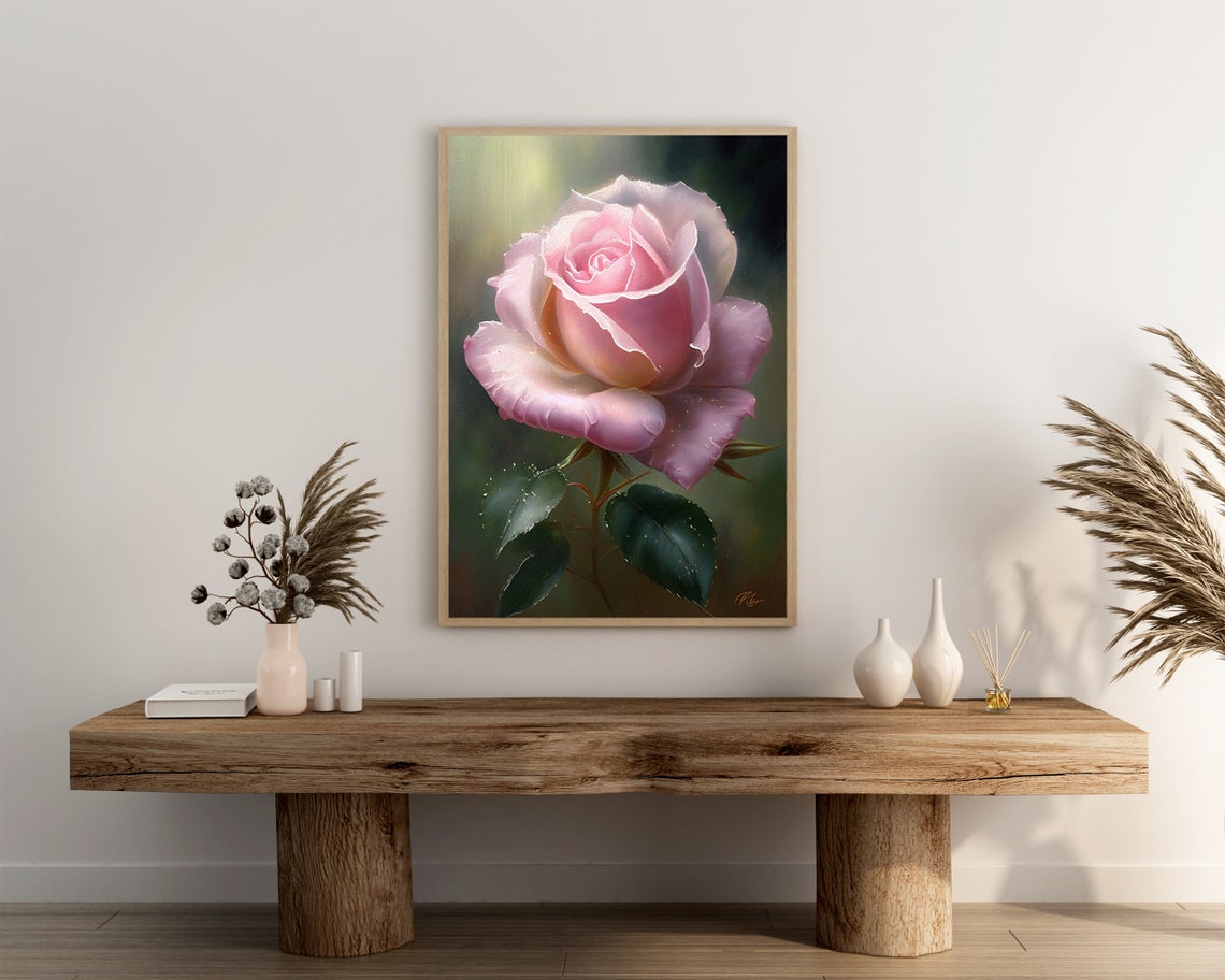 Beautiful Sunlit Pink Rose Bloom with Dewy Petals Oil Painting Poster - Image 3