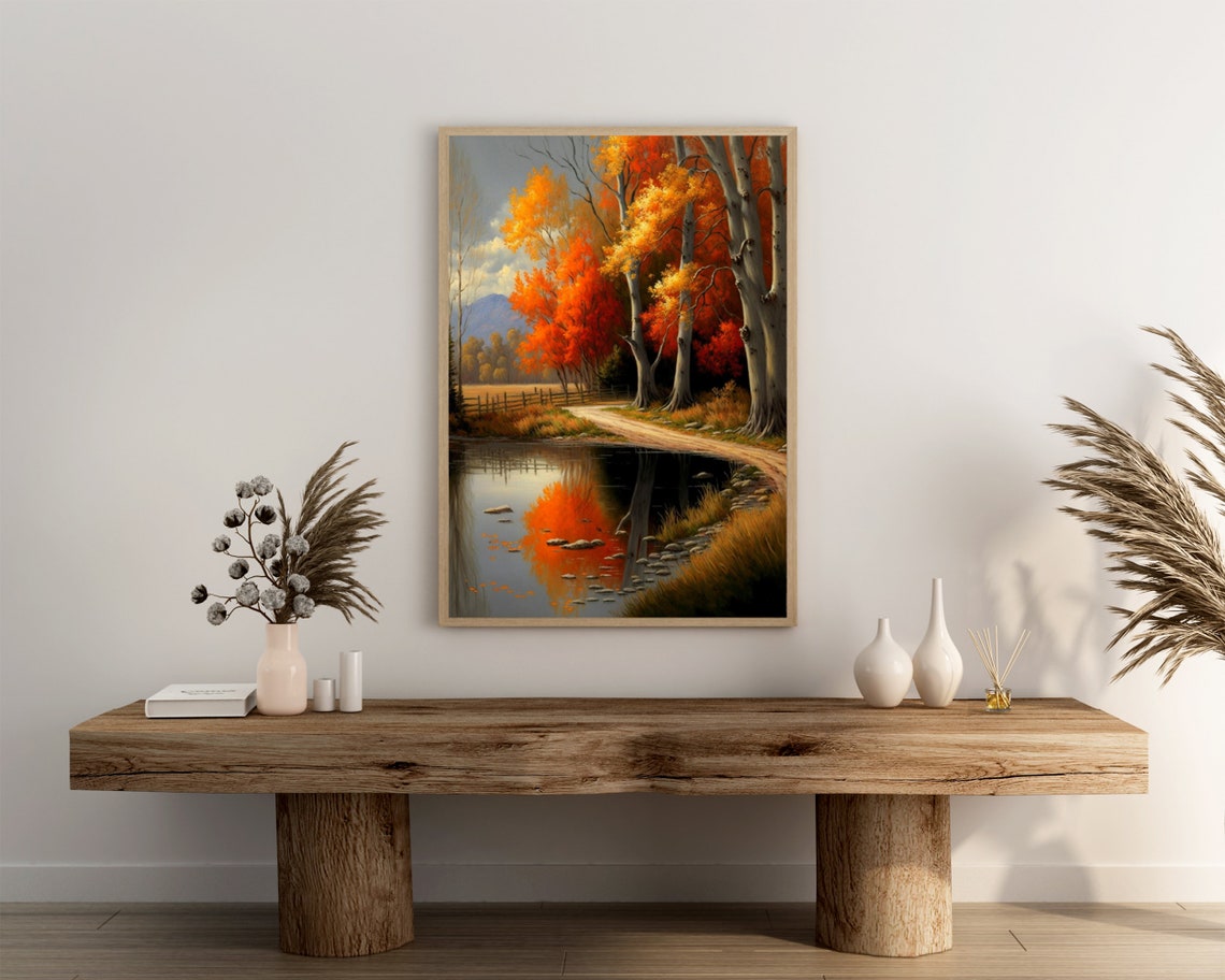 Golden Aspen Trees Beside Still Pond With Fence Fall Art Poster - Image 3
