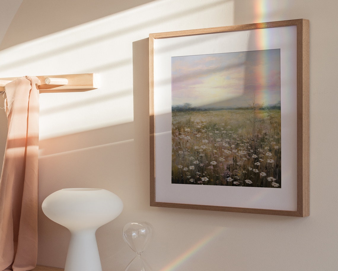White Daisy Meadow Sunrise Soft Pastel Floral Landscape Poster - Image 3