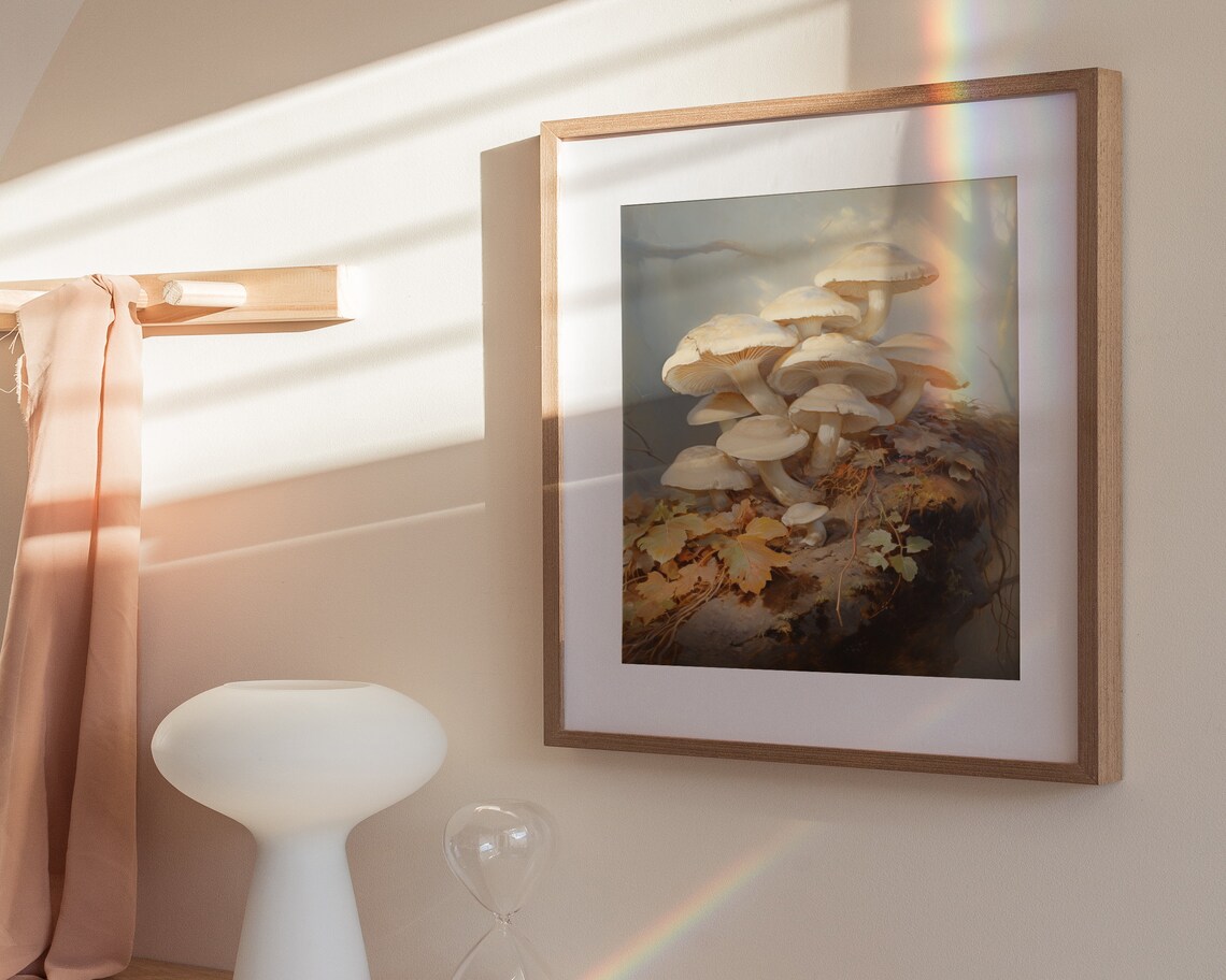 White Mushrooms on Mossy Log in Misty Forest Vintage Nature Painting Poster - Image 3