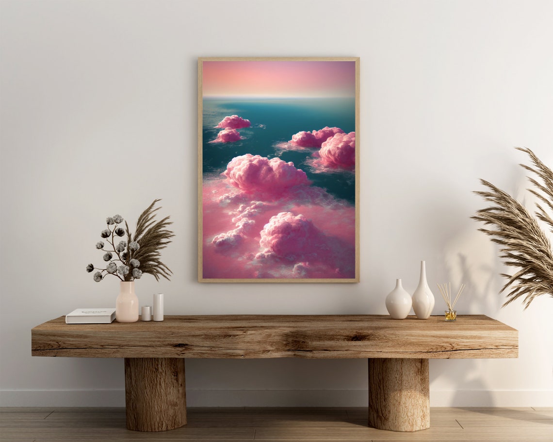 Pink Clouds Over Teal Ocean Dreamy Aesthetic Sunset Sky Poster - Image 3