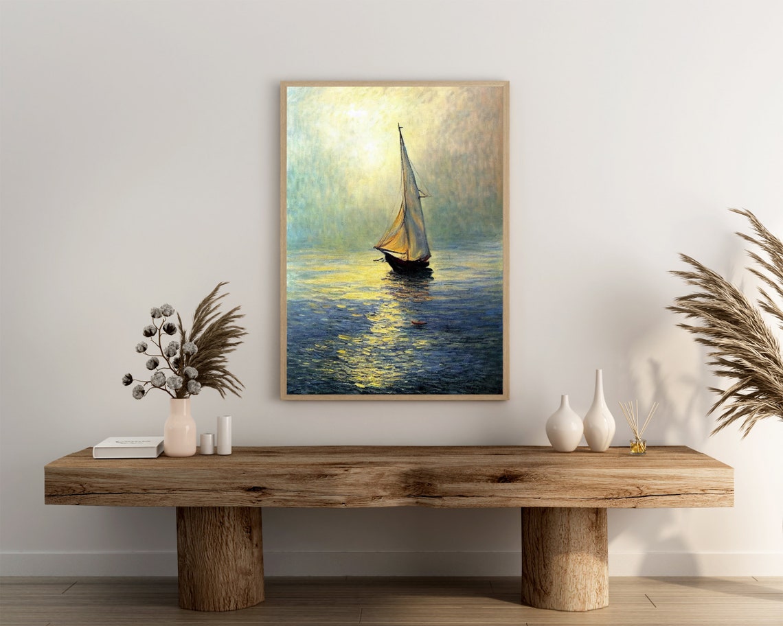 Lone Sailboat Gliding Through Golden Sunset Calm Waters Poster - Image 3