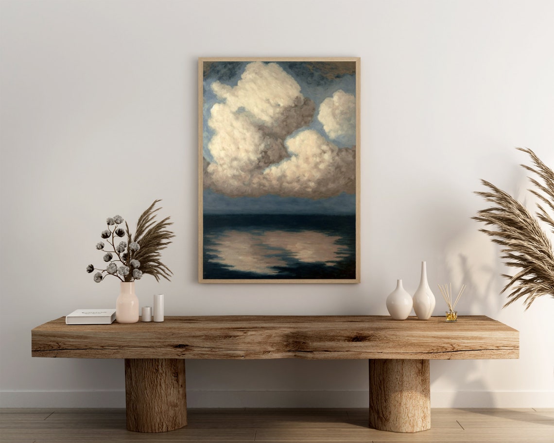 Moody Billowing Cream Clouds Over Dark Sea Vintage Style Poster - Image 3