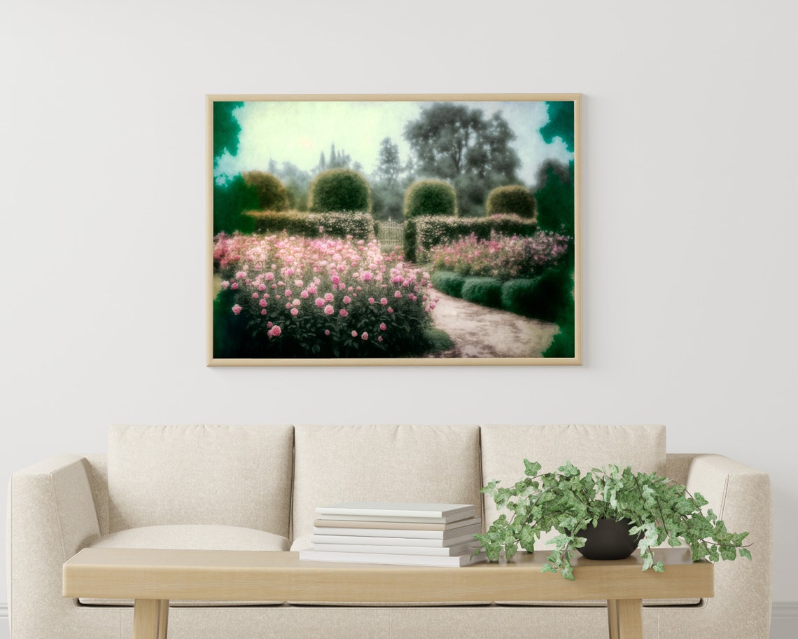 Pink Rose Garden With Topiary Hedges Bright Floral Art Poster - Image 3