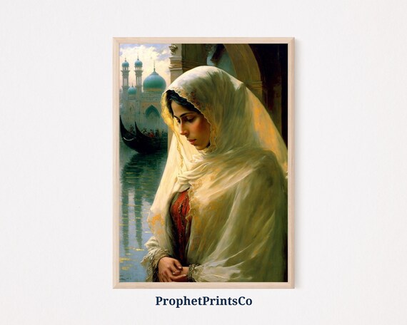 Woman in White Veil Poster by the Water with Mosque Domes Oil Artwork