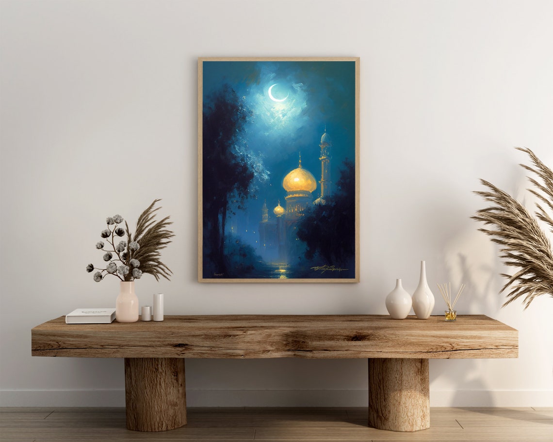Golden Domed Mosque Under a Crescent Moon Night Painting Poster - Image 3